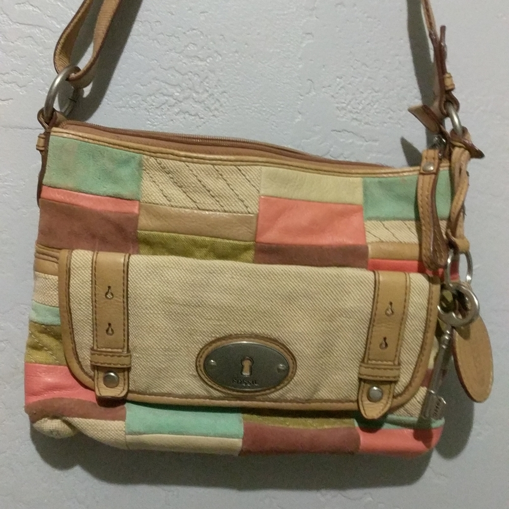 Fossil Patchwork Leather / Canvas Crossbody Bag